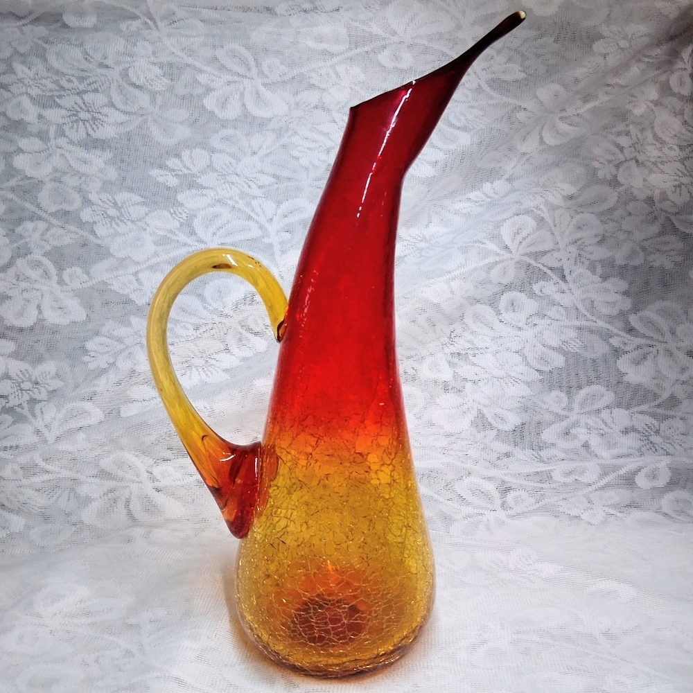 Vintage Amberina Crackle Glass Pitcher MCM Hand-Blown Art Glass 12" - Picture 6 of 16